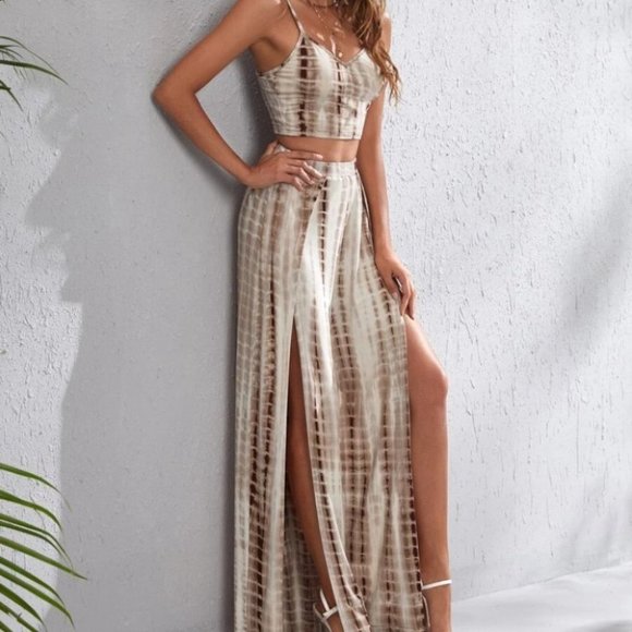 Crop Cami Top & Wrap Split Thigh Palazzo Pants coord Set Tie Dye - Picture 6 of 6